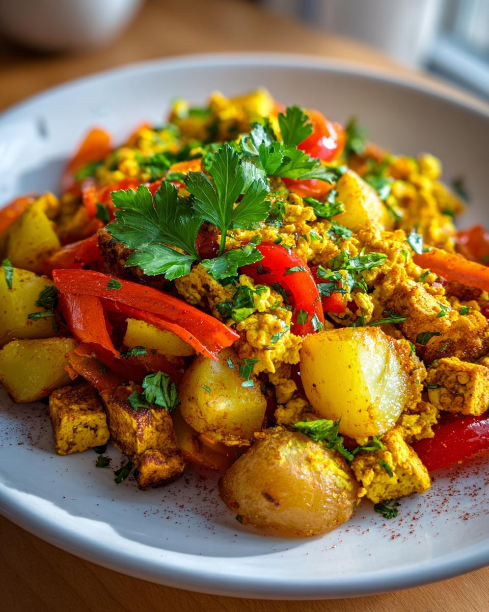 A close-up of a hearty vegan breakfast dish featuring scrambled tofu 'eggs', roasted potatoes, and red bell peppers, garnished with fresh parsley.