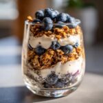 Close-up of a Vegan Breakfast Parfait Blueberry layered with yogurt, granola, and chia seeds.