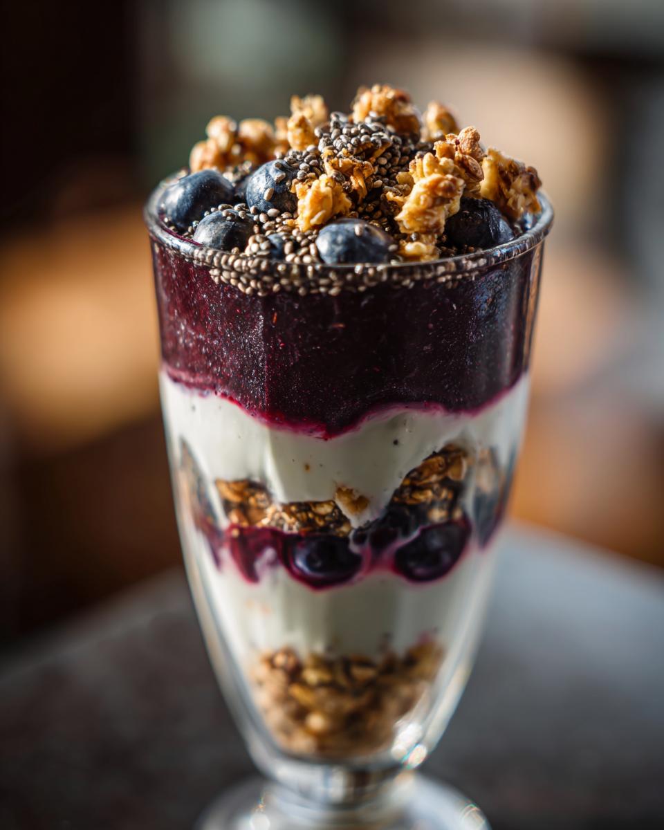 Close-up of a vegan breakfast parfait with layers of blueberry, yogurt, granola, and chia seeds.