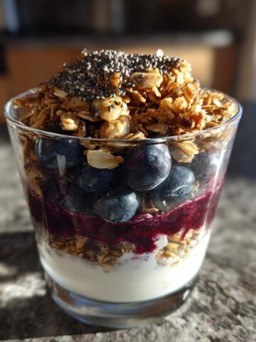 A close-up of a Vegan Breakfast Parfait Blueberry layered in a glass with yogurt, granola, and chia seeds.