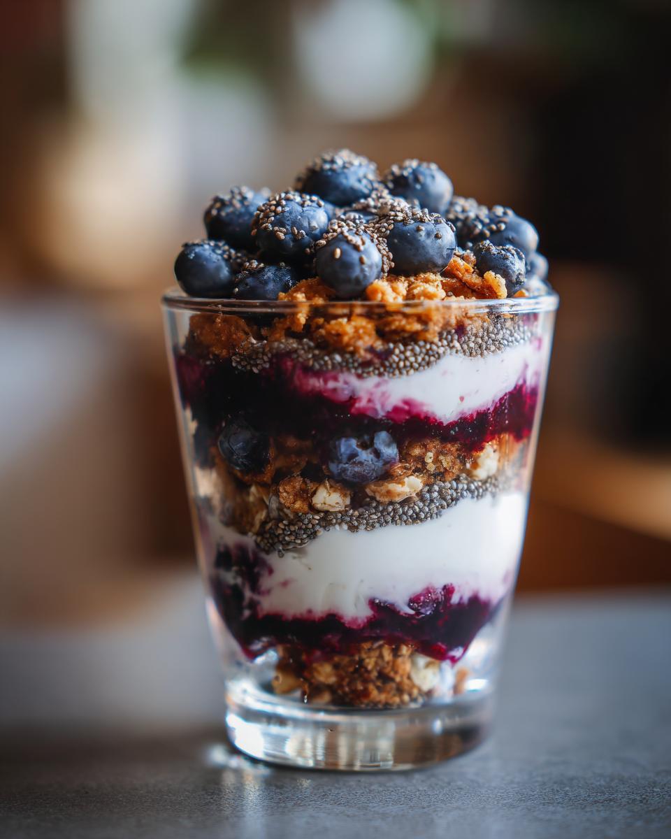 Close-up of a Vegan Breakfast Parfait Blueberry with layers of yogurt, granola, and fresh blueberries.