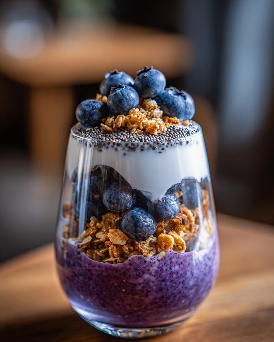 A delicious Vegan Breakfast Parfait Blueberry layered with yogurt, granola, and fresh blueberries in a glass.
