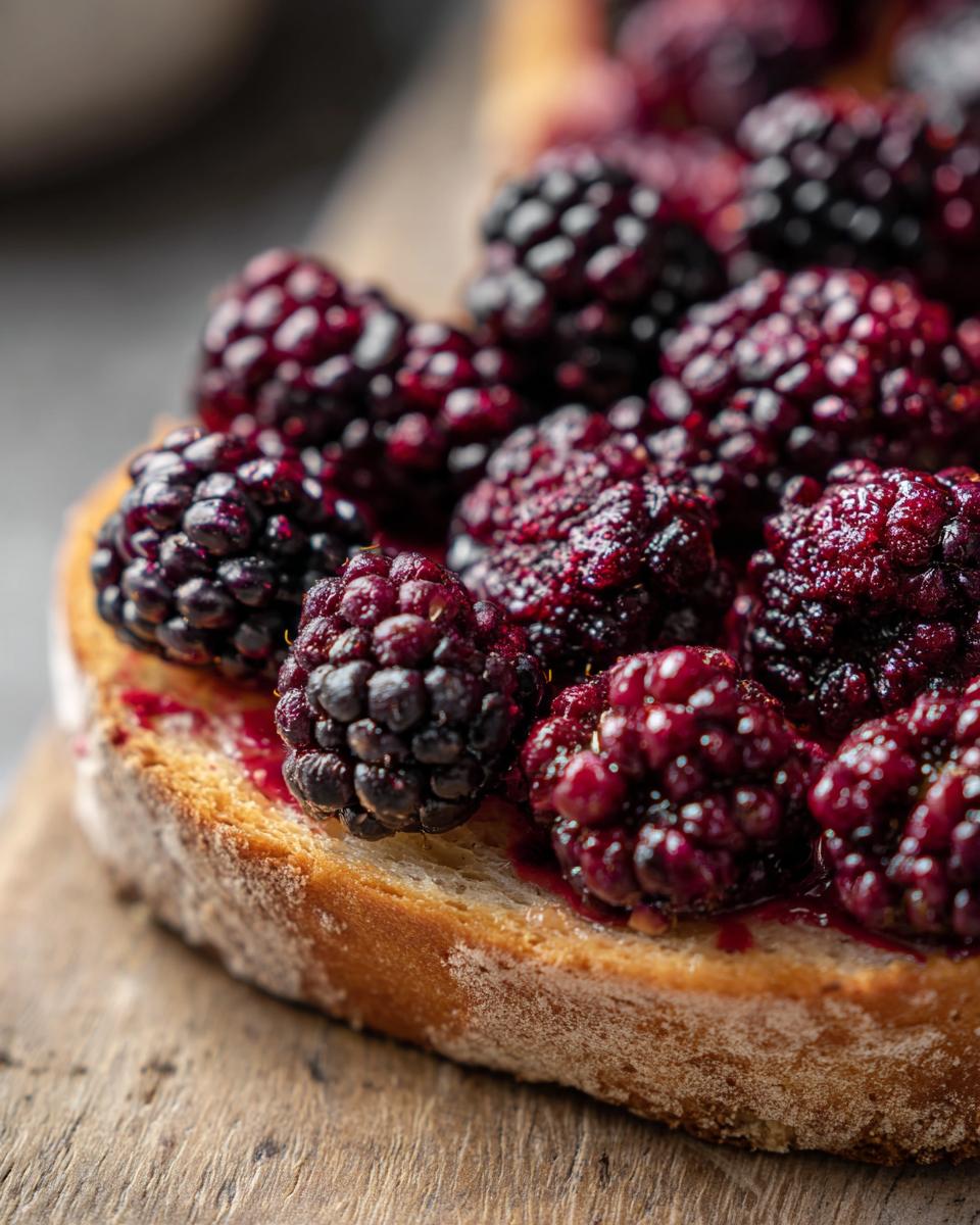 Close-up of vegan breakfast toast topped with glistening roasted blackberries and jam.