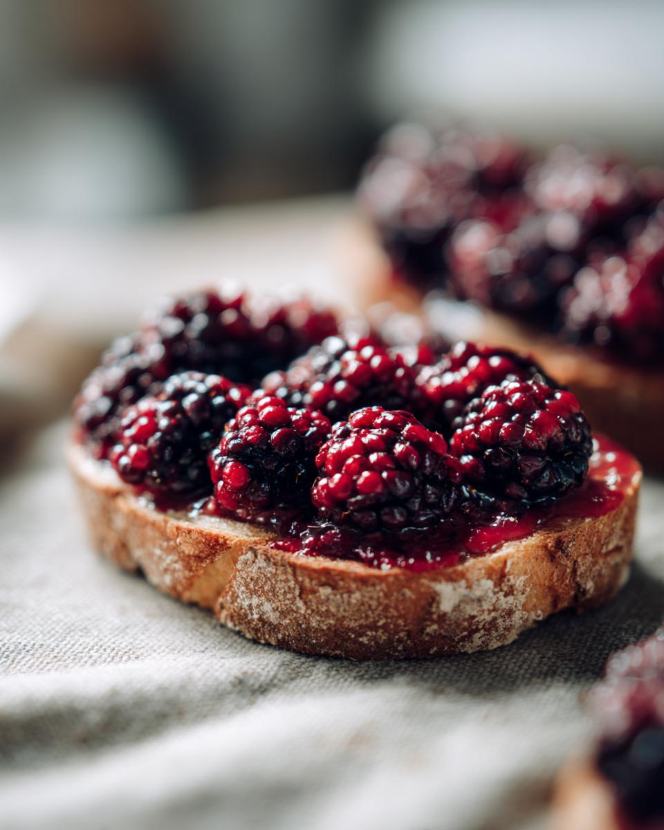 Close-up of vegan breakfast toast topped with glistening roasted blackberries and jam.