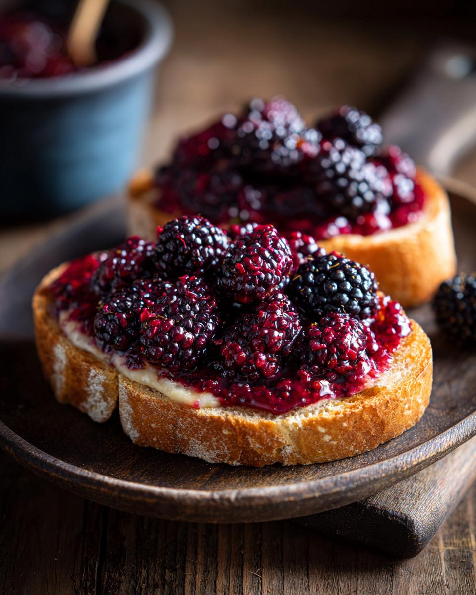 Close-up of vegan breakfast toast topped with creamy spread and glistening roasted blackberries.