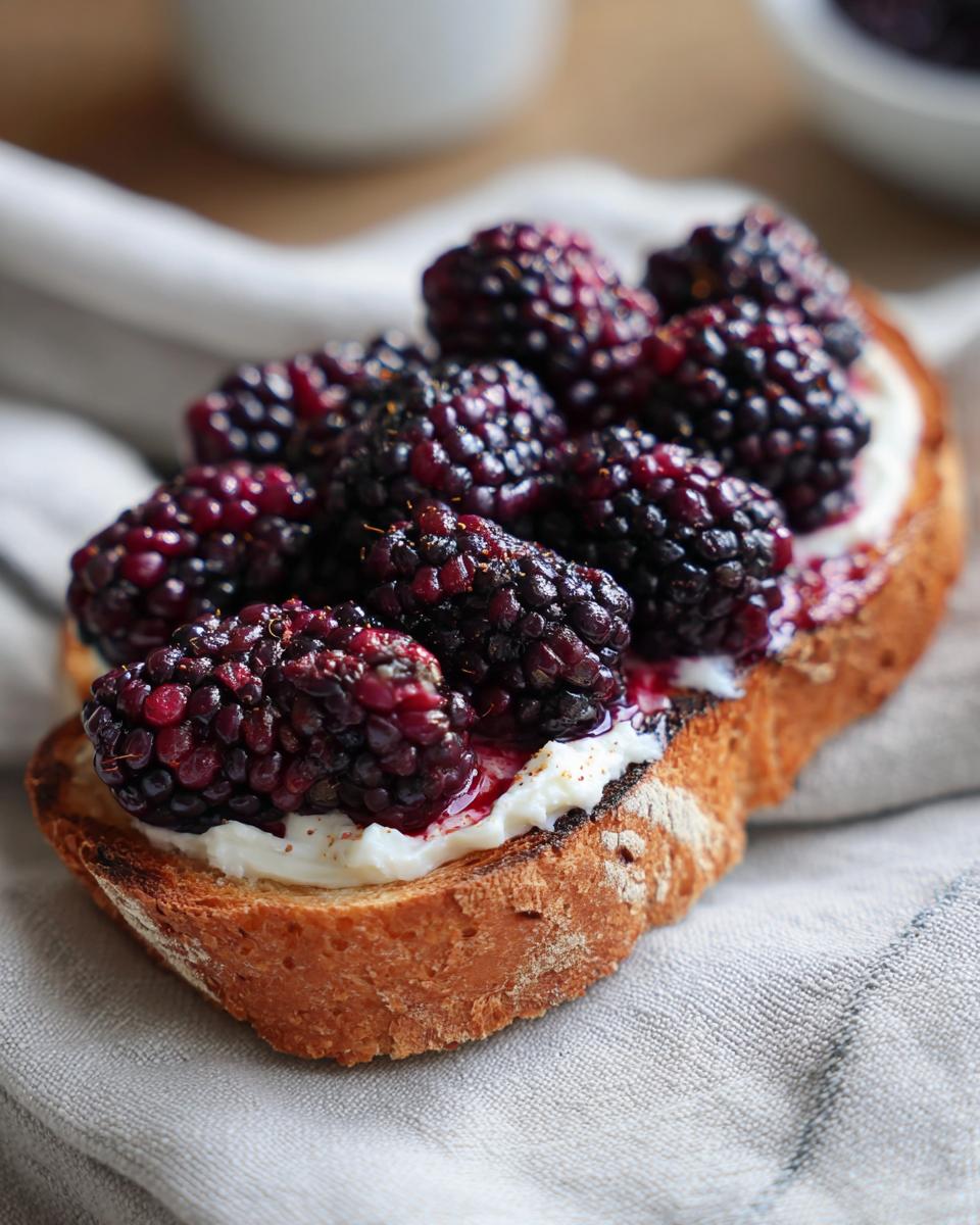 Close-up of vegan breakfast toast topped with creamy spread and a generous pile of roasted blackberries.