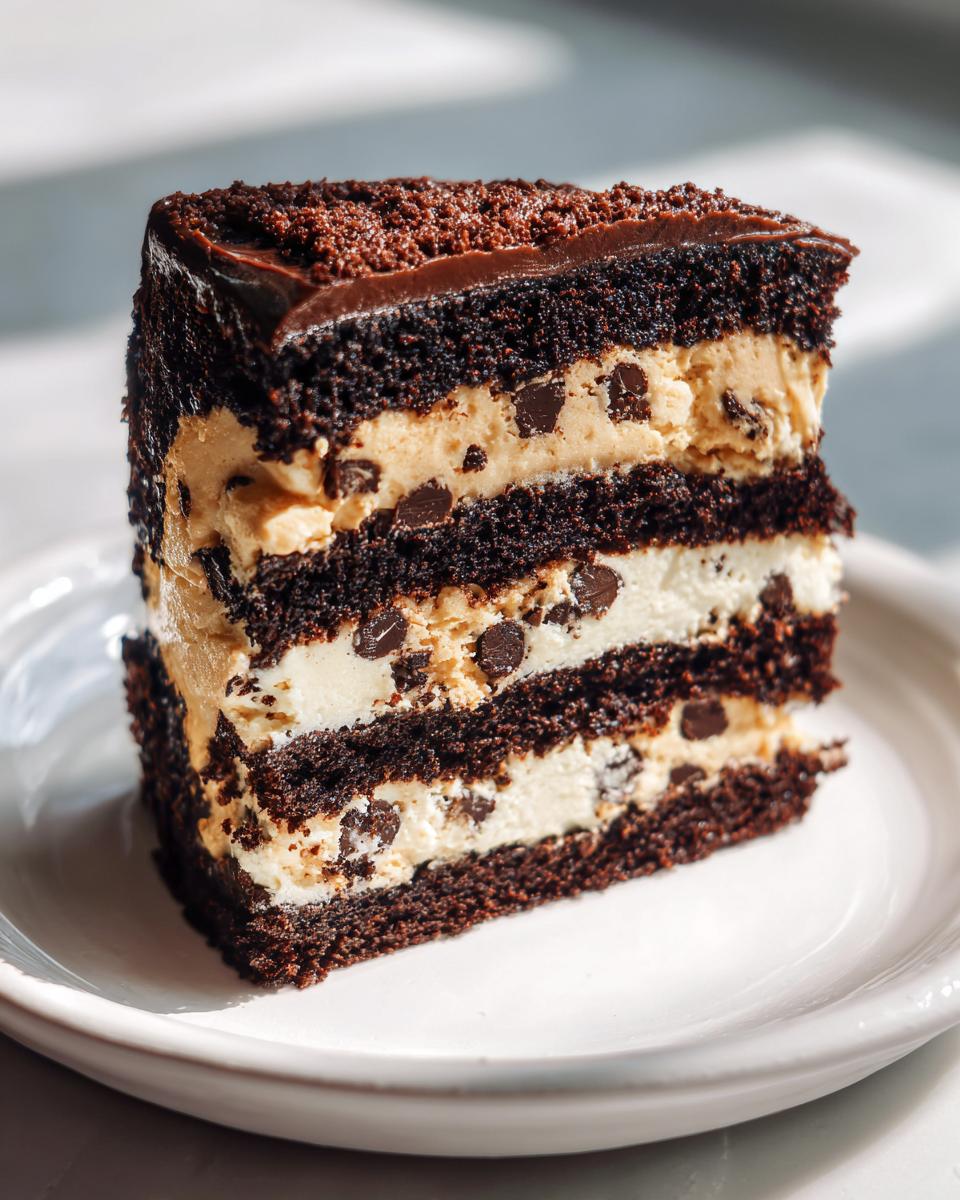 A tall slice of Vegan Brownie Cookie Dough Cake showing dark chocolate layers alternating with creamy, chocolate chip-filled frosting.