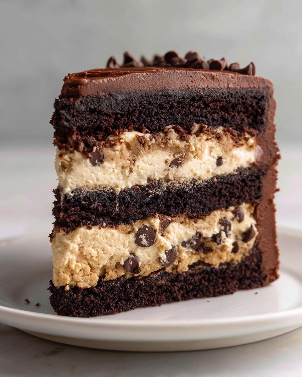 Close-up of a rich slice of Vegan Brownie Cookie Dough Cake showing dark chocolate layers and thick cookie dough filling.