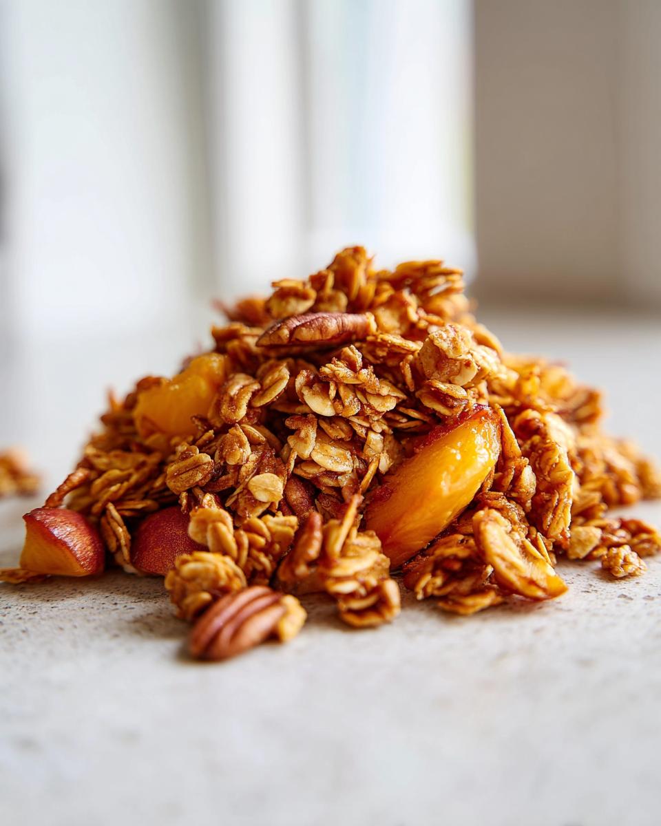 A mound of crunchy Vegan Caramelized Peach Cinnamon Granola mixed with pecans and caramelized peach slices on a light surface.