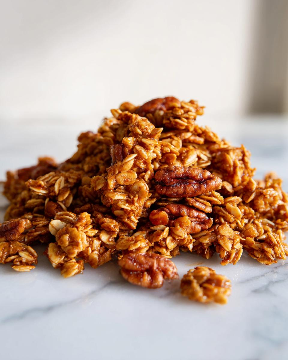 Close-up of crunchy clusters from Vegan Caramelized Peach Cinnamon Granola mixed with caramelized pecans.