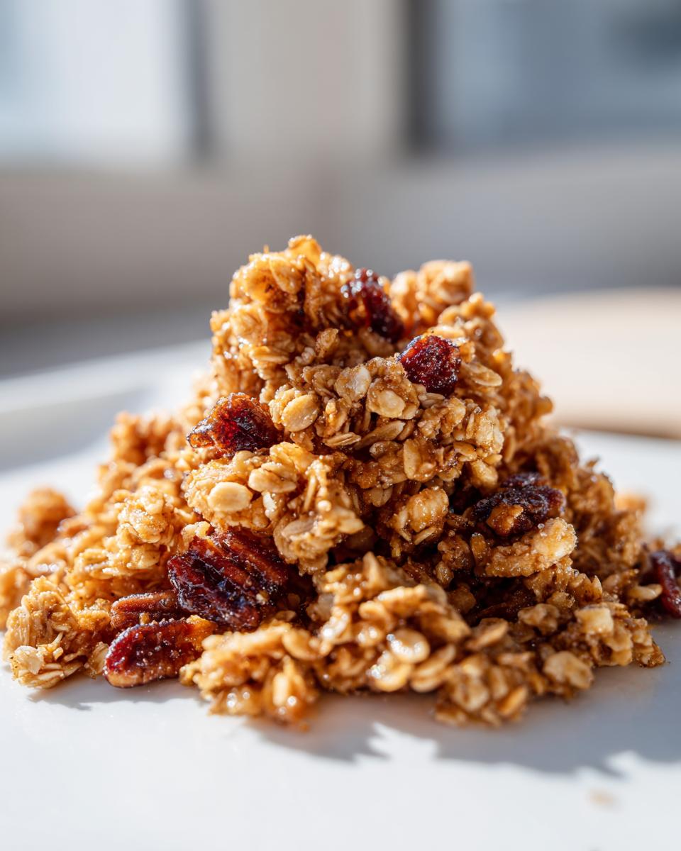 A mound of golden, sticky Vegan Caramelized Peach Cinnamon Granola featuring oats, pecans, and dried fruit pieces.