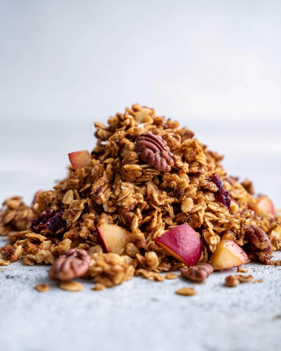 A mound of golden Vegan Caramelized Peach Cinnamon Granola featuring pecans and chunks of fresh peach.