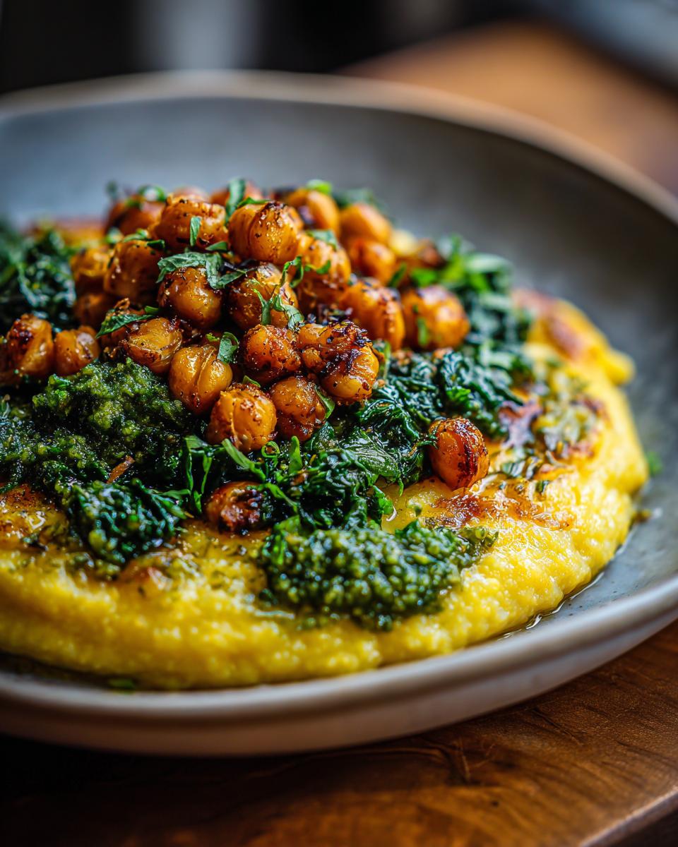 A close-up of creamy vegan cheese polenta topped with vibrant kale pesto, roasted chickpeas, and fresh herbs.