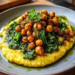 A close-up of creamy vegan cheese polenta topped with vibrant kale pesto and crispy roasted chickpeas, garnished with fresh herbs.