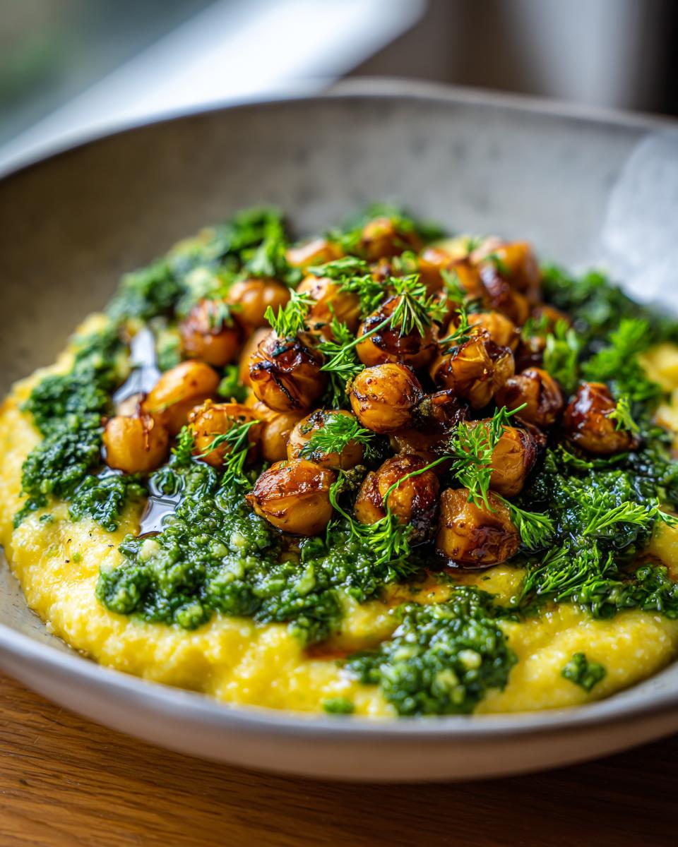 A close-up of creamy vegan cheese polenta topped with vibrant kale pesto and golden roasted chickpeas, garnished with fresh herbs.