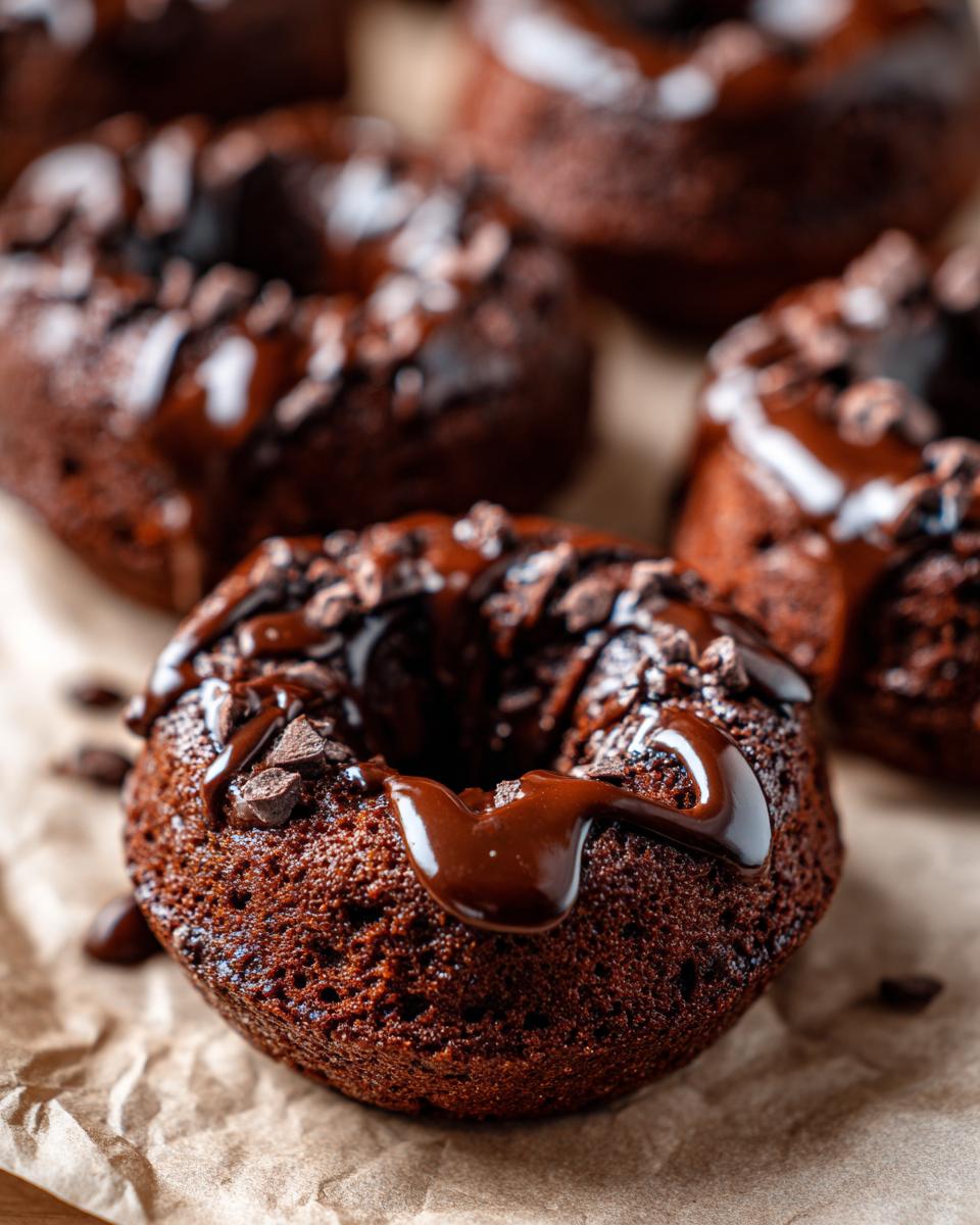 Close-up of rich, moist vegan chocolate donut holes drizzled with chocolate glaze and sprinkled with chocolate chips.