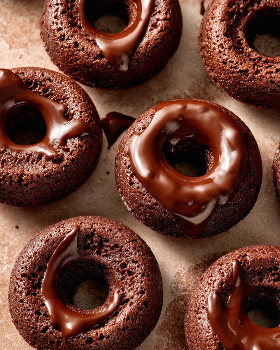 Close-up of several moist Vegan Chocolate Donut Holes, generously drizzled with a rich chocolate glaze.