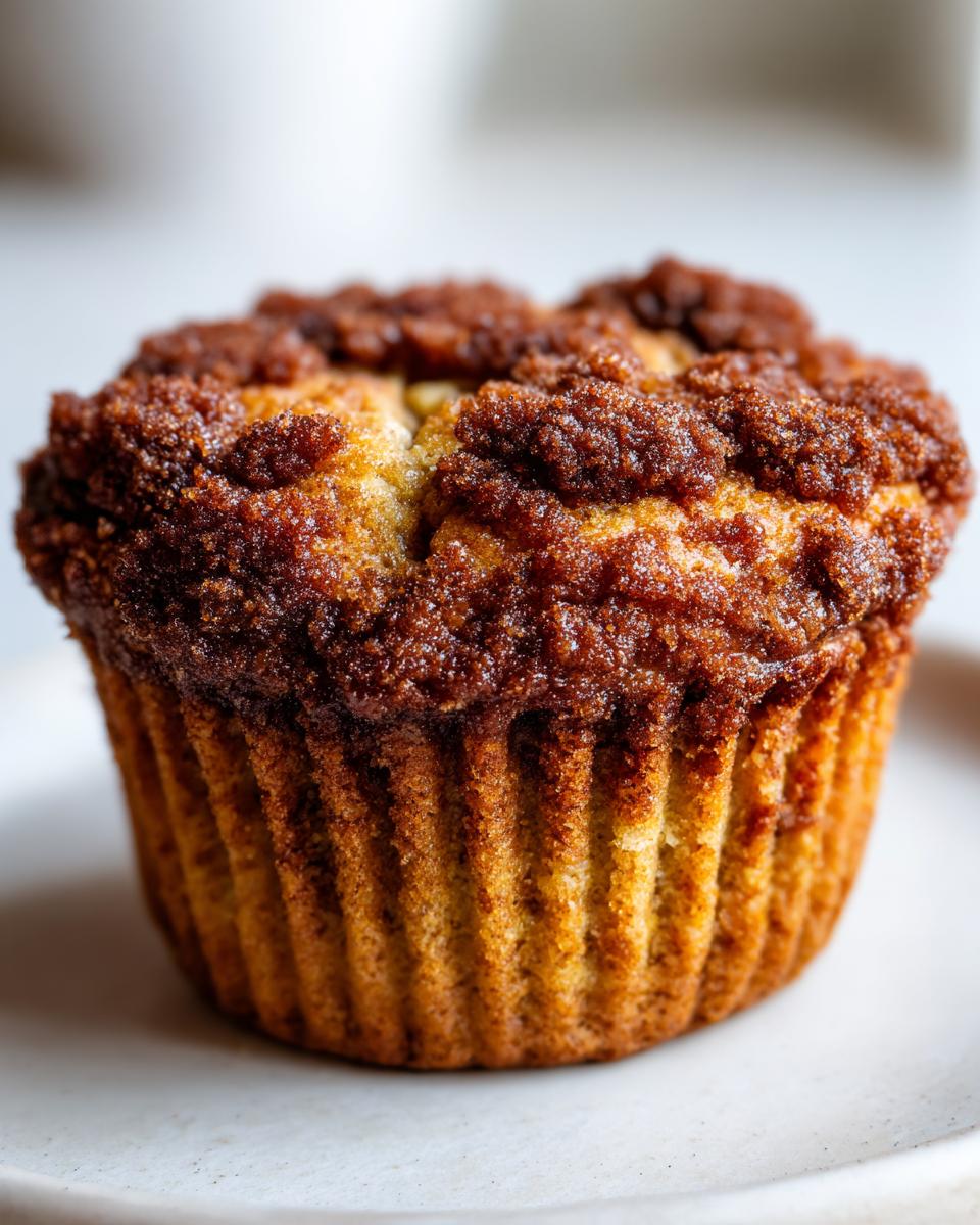 A close-up, macro shot of a single Vegan Cinnamon Banana Crumble Muffin with a rich, dark brown streusel topping.