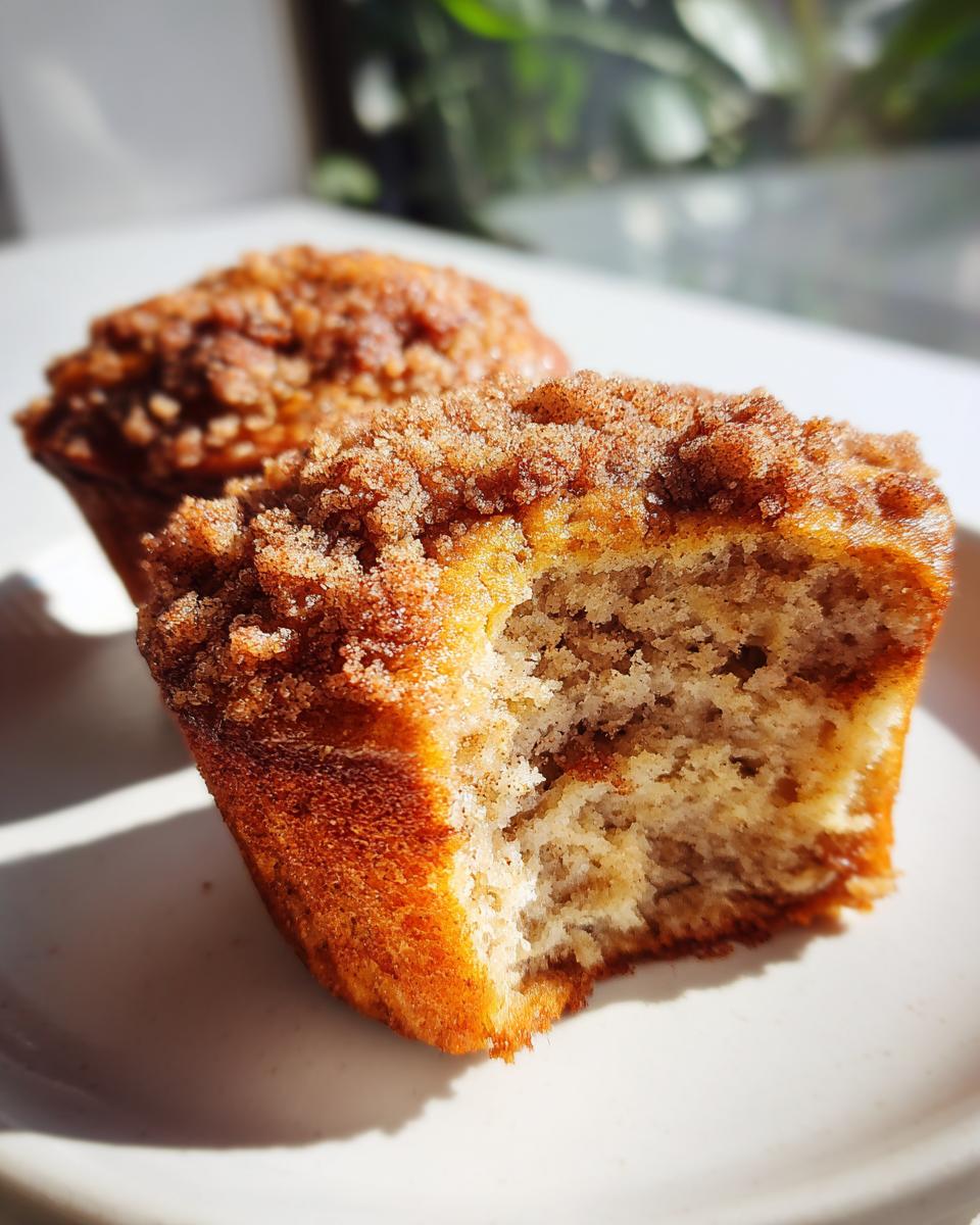 A close-up shot of a Vegan Cinnamon Banana Crumble Muffin cut in half, showing the moist interior and crumb topping.