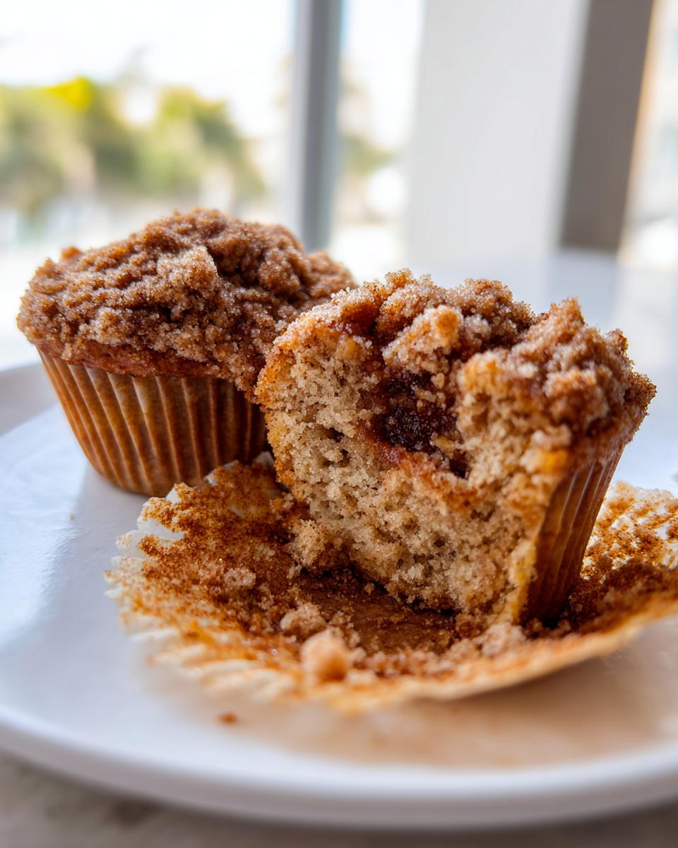 Two Vegan Cinnamon Banana Crumble Muffins on a white plate, one broken open showing the moist interior and crumble topping.