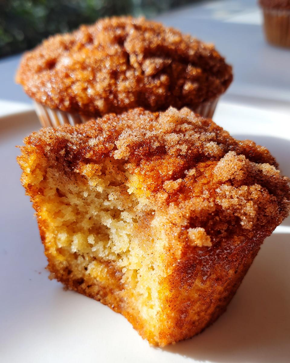 Close-up of a Vegan Cinnamon Banana Crumble Muffin cut in half, showing the moist interior and sugary cinnamon topping.