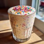 A tall glass filled with a creamy Vegan Funfetti Milkshake, topped with colorful sprinkles.