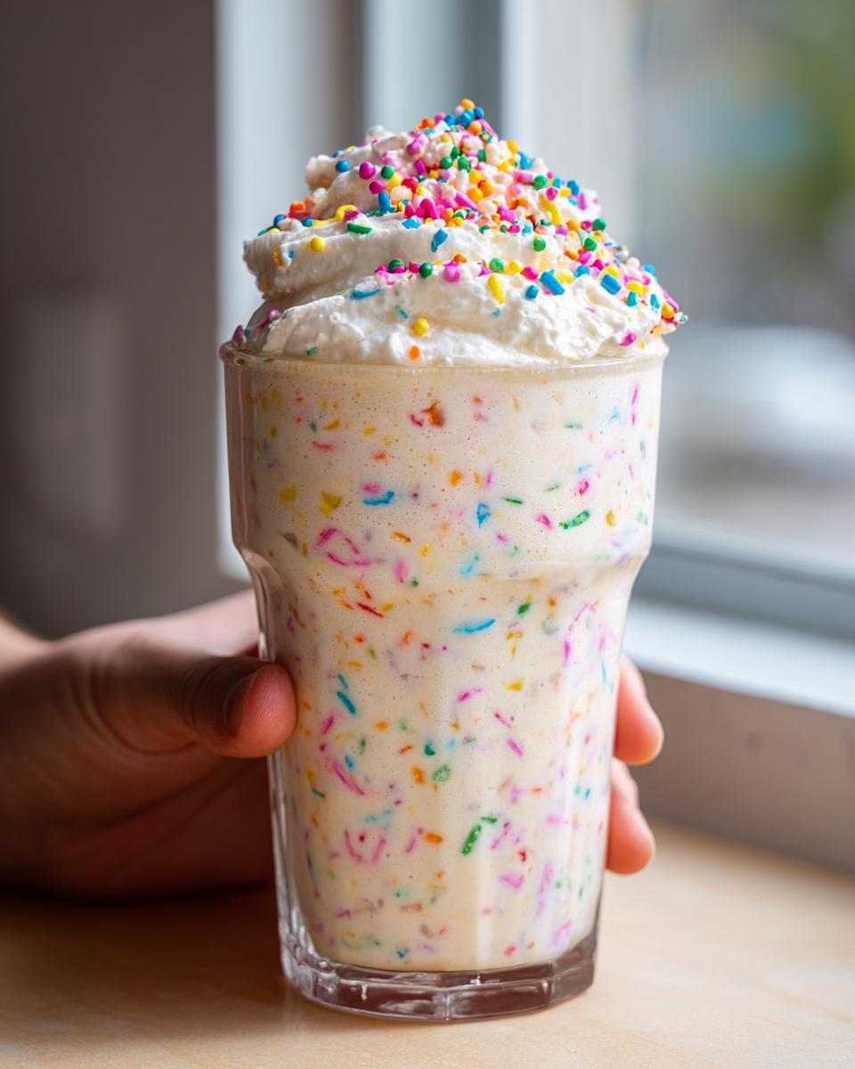 A hand holds a glass filled with a creamy Vegan Funfetti Milkshake, topped with whipped cream and colorful sprinkles.