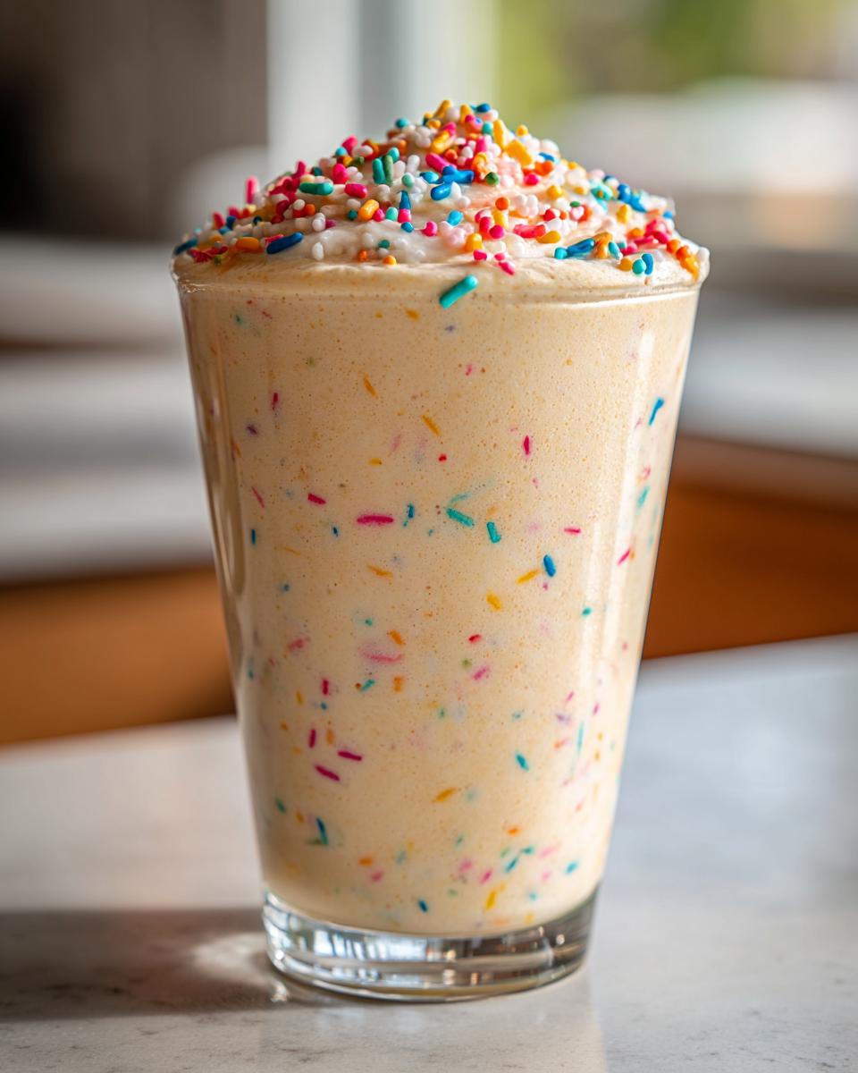 A tall glass filled with a creamy Vegan Funfetti Milkshake, topped with whipped cream and colorful sprinkles.