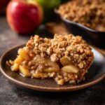 A delicious slice of Vegan Gluten Free Apple Plum Crisp on a dark plate, showing baked fruit and a crunchy topping.