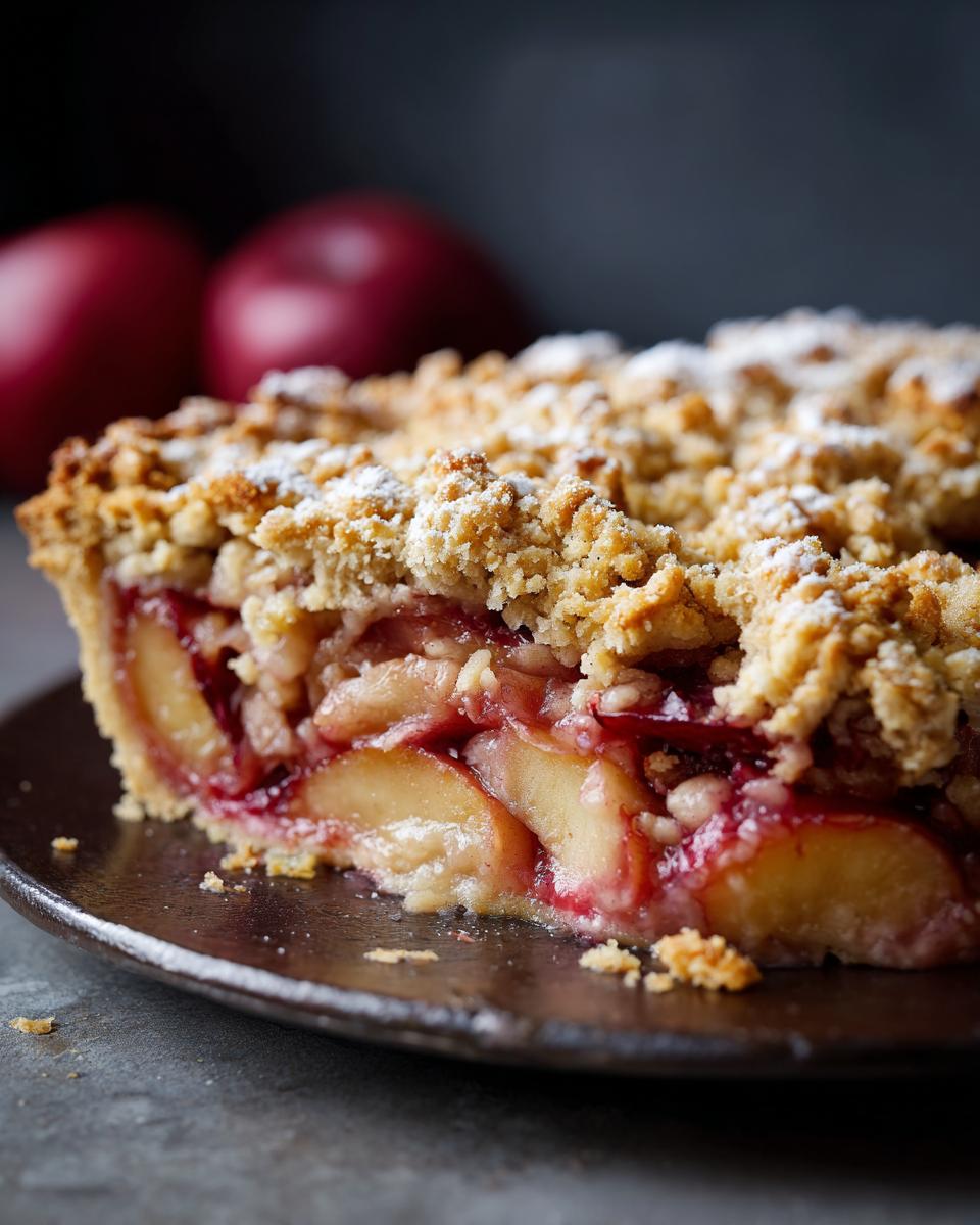 A delicious slice of Vegan Gluten Free Apple Plum Crisp, showing the fruit filling and crumb topping.