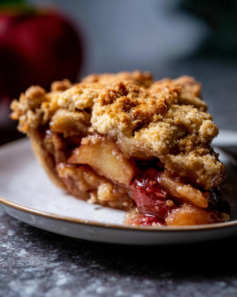 A close-up of a delicious slice of Vegan Gluten Free Apple Plum Crisp, showing the fruit filling and crumb topping.
