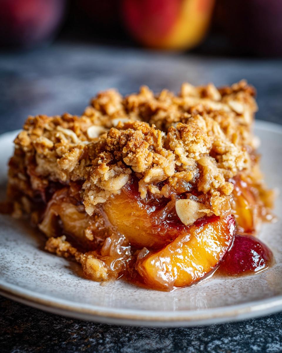 A close-up of a slice of Vegan Gluten Free Apple Plum Crisp, showing tender fruit and a crunchy topping.