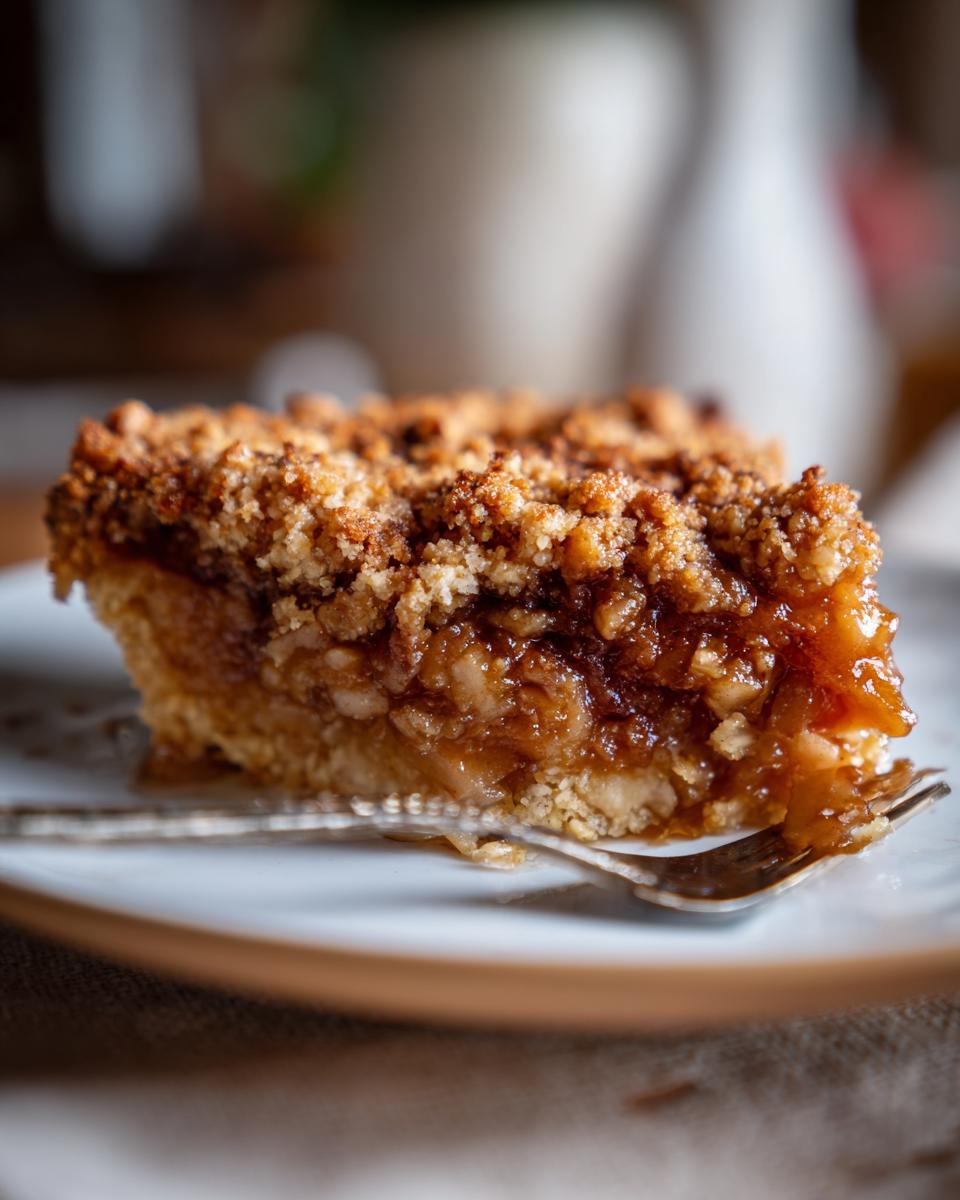 A close-up of a slice of Vegan Gluten Free Apple Plum Crisp on a white plate with a fork.