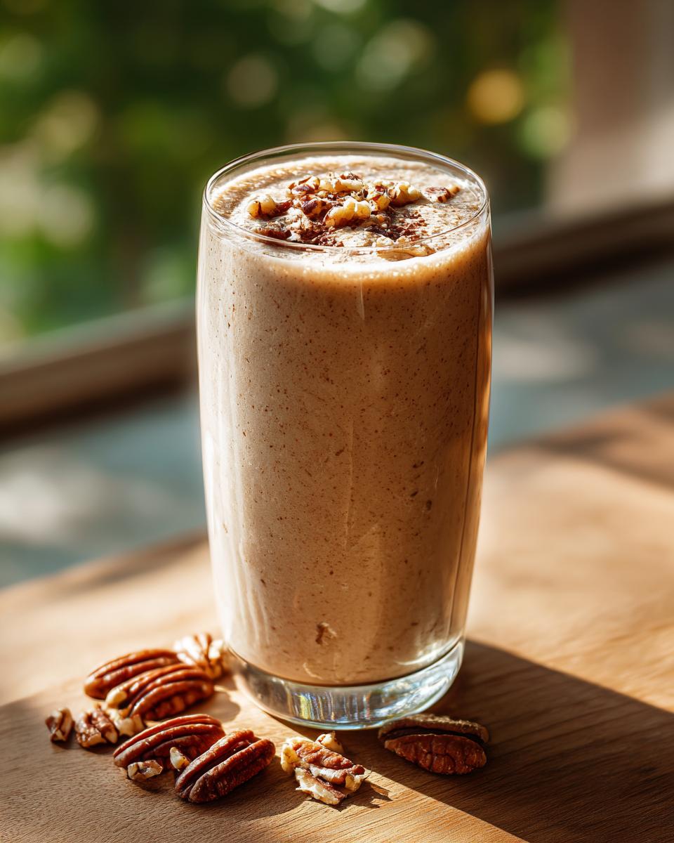 A tall glass of Vegan Peanut Butter Pecan Milkshake topped with chopped pecans and a sprinkle of cocoa.