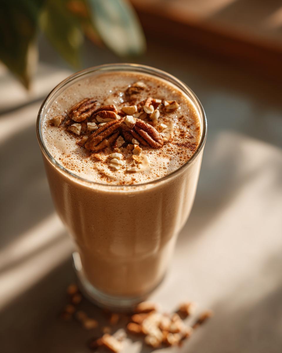 A tall glass of Vegan Peanut Butter Pecan Milkshake topped with whole and chopped pecans and a sprinkle of cinnamon.