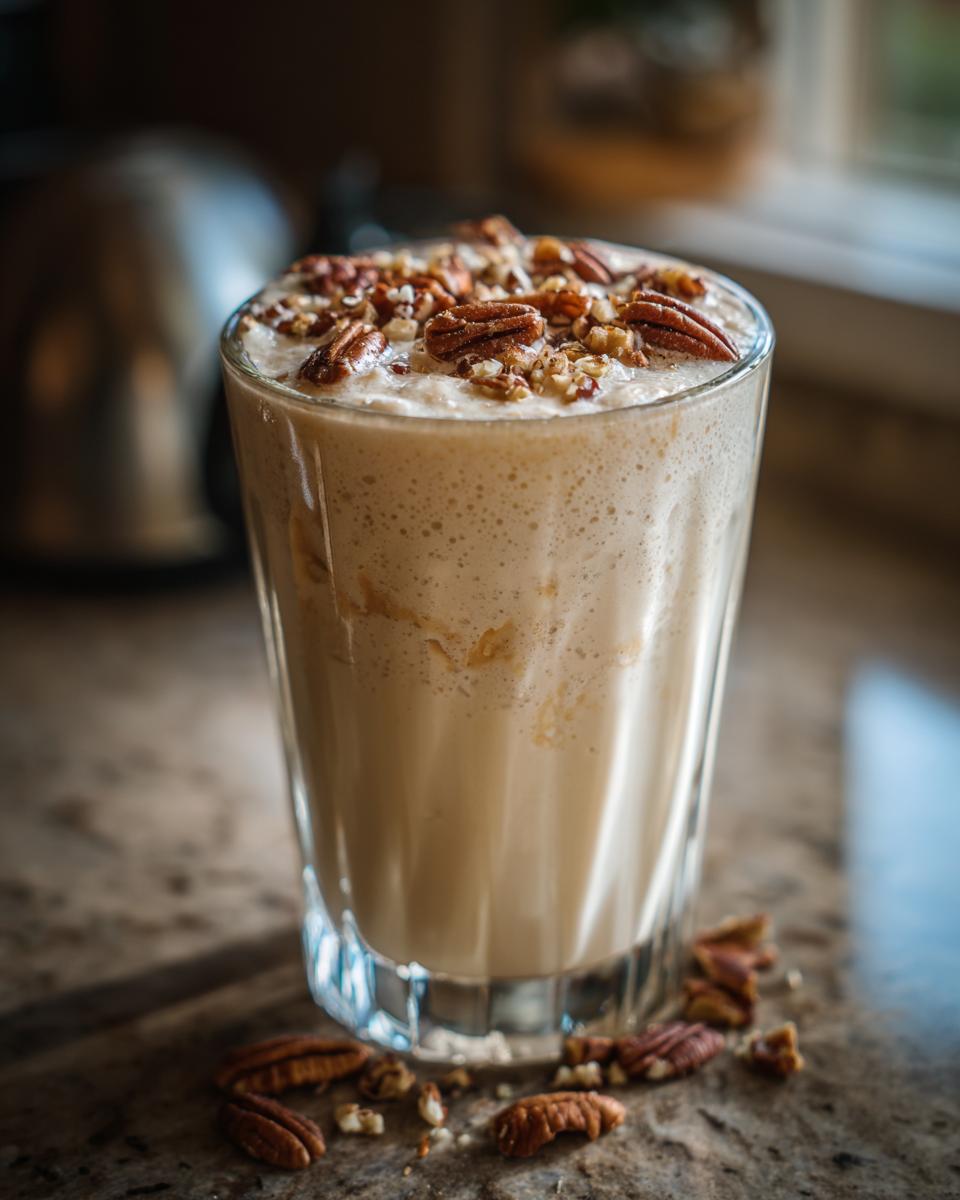 A creamy Vegan Peanut Butter Pecan Milkshake in a glass, generously topped with chopped pecans.