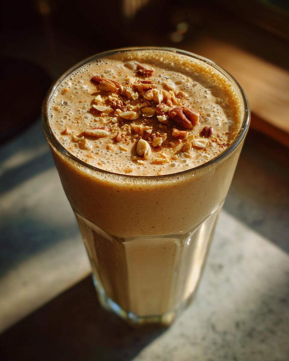 A tall glass filled with a creamy Vegan Peanut Butter Pecan Milkshake, topped with chopped pecans and a sprinkle of cinnamon.