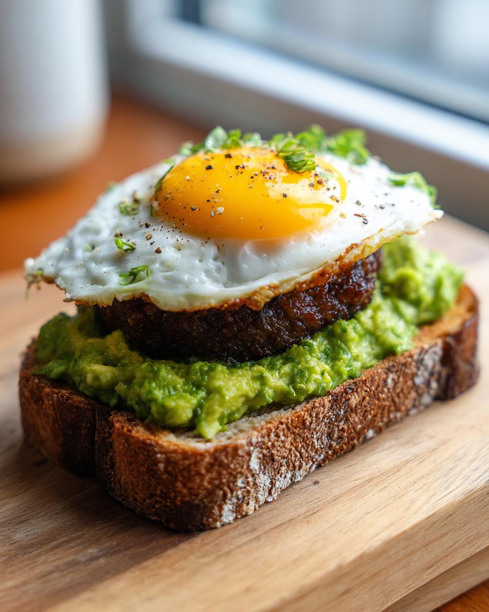 Close-up of Vegan Pesto Egg Avocado Toast featuring a fried egg, vegan patty, and mashed avocado on toasted bread.