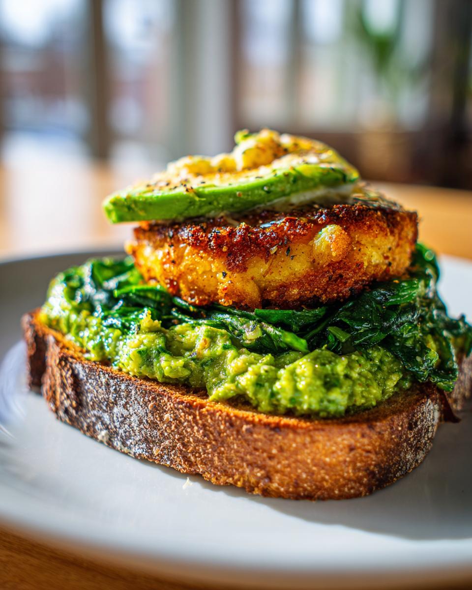 Close-up of Vegan Pesto Egg Avocado Toast featuring a thick slice of toast topped with green pesto, spinach, a fried patty, and avocado slices.