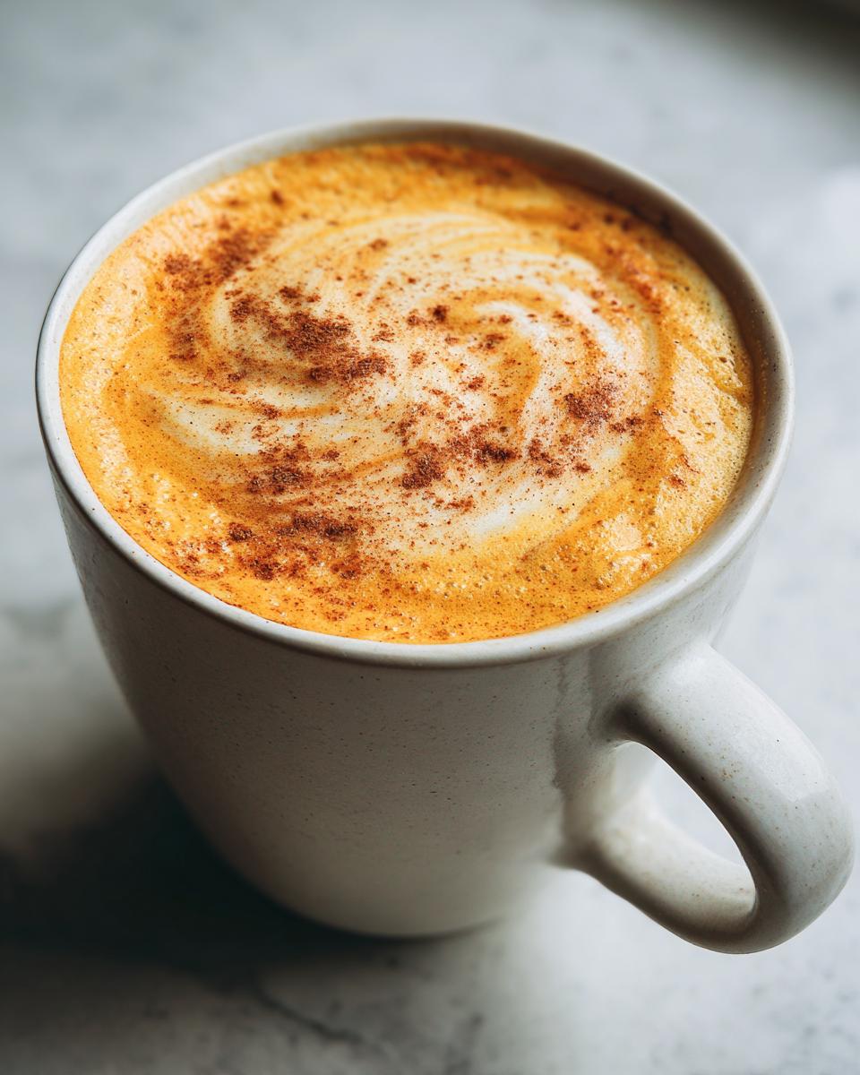 Close-up of a creamy Vegan Pumpkin Chai Latte topped with cinnamon swirl foam art.