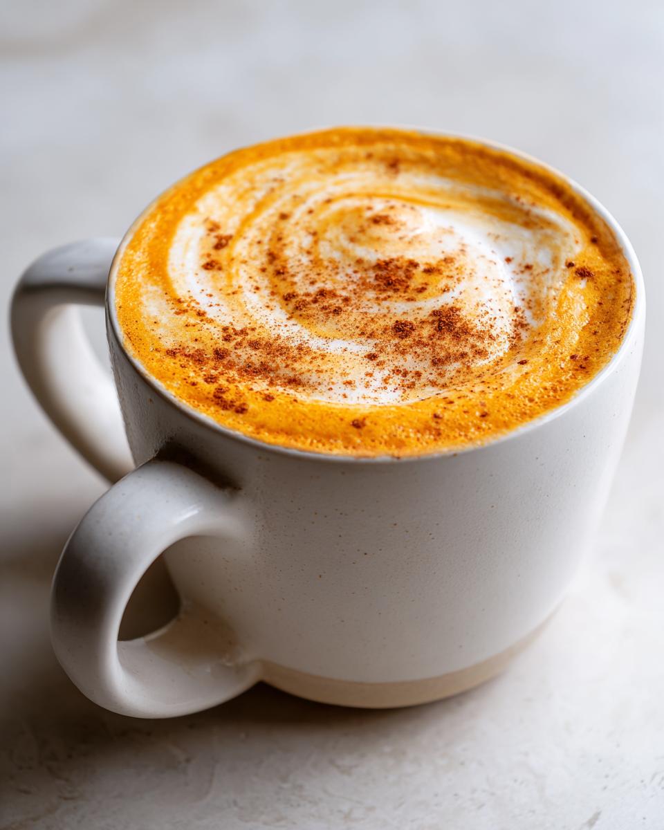 Close-up of a creamy Vegan Pumpkin Chai Latte topped with foam and a swirl of cinnamon spice.