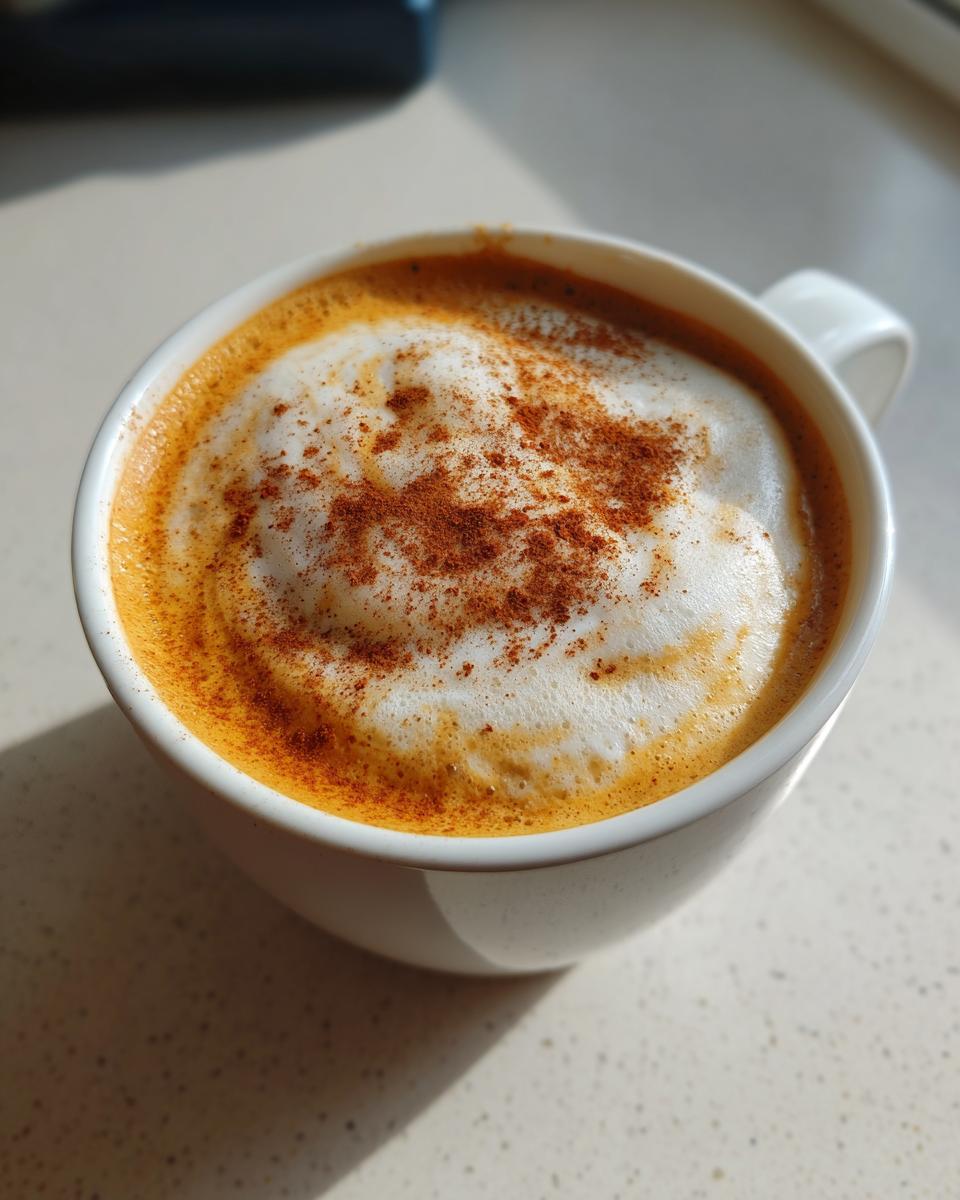 Close-up of a steaming Vegan Pumpkin Chai Latte in a white mug, topped with thick foam and sprinkled with cinnamon.