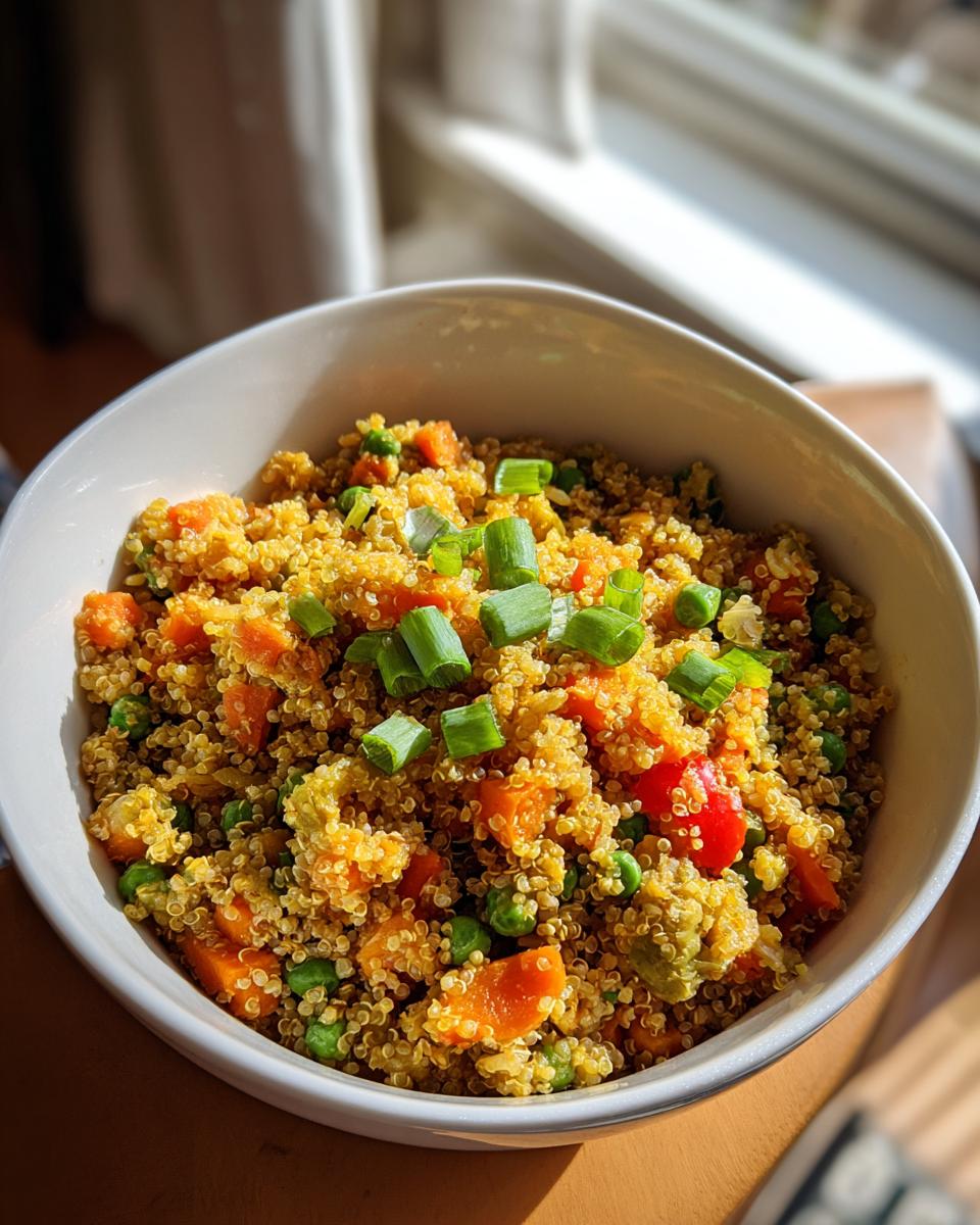 A bowl of Vegan Quinoa Fried Rice, packed with carrots, peas, and topped with green onions.