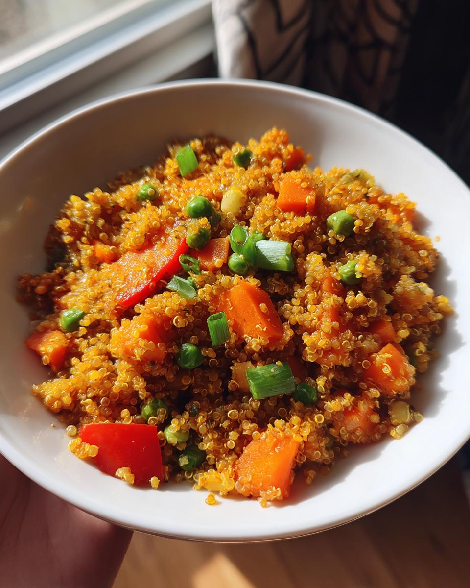 A close-up of a white bowl filled with vibrant Vegan Quinoa Fried Rice, featuring carrots, peas, and green onions.