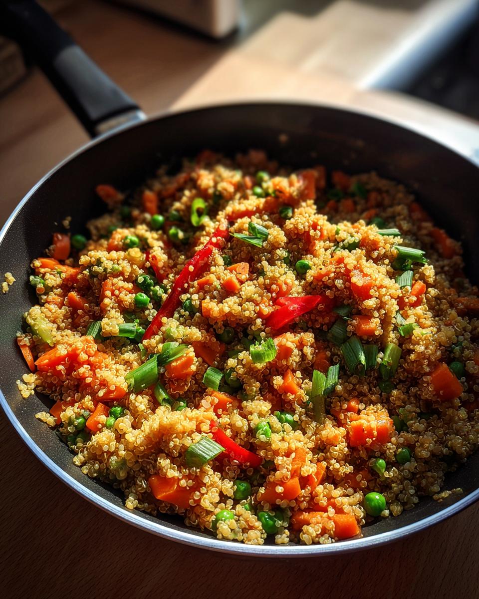 A close-up of Vegan Quinoa Fried Rice cooked in a pan, featuring quinoa, carrots, peas, and chili peppers.