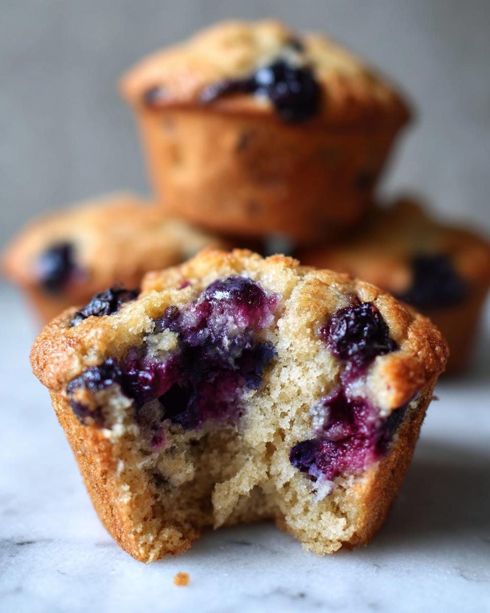 Close-up of a Vegan Roasted Blueberry Muffin with a bite taken out, showing juicy blueberries inside.