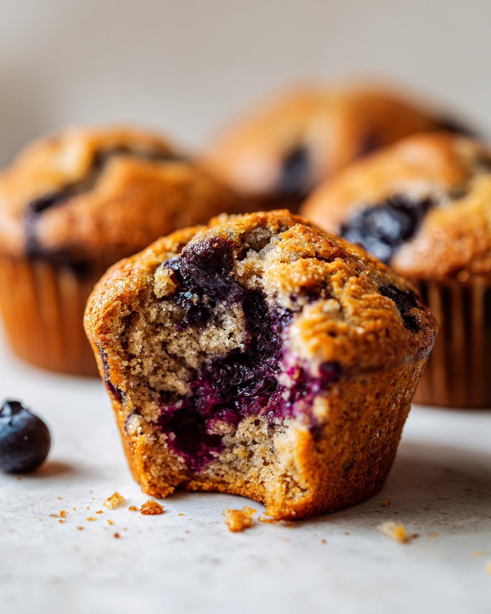 Close-up of a vegan roasted blueberry muffin with a bite taken out, revealing juicy blueberries inside.