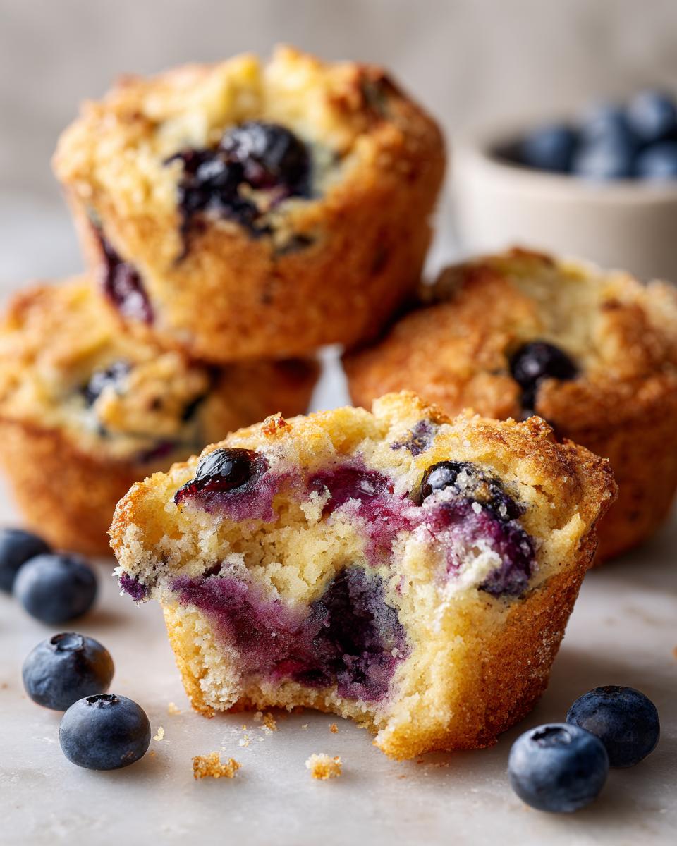 A close-up of a vegan roasted blueberry muffin with a bite taken out, showing juicy blueberries inside.