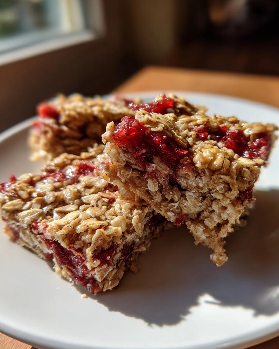 Close-up of three stacked Vegan Strawberry Peanut Butter Oatmeal Bars showing the oat texture and bright red strawberry filling.
