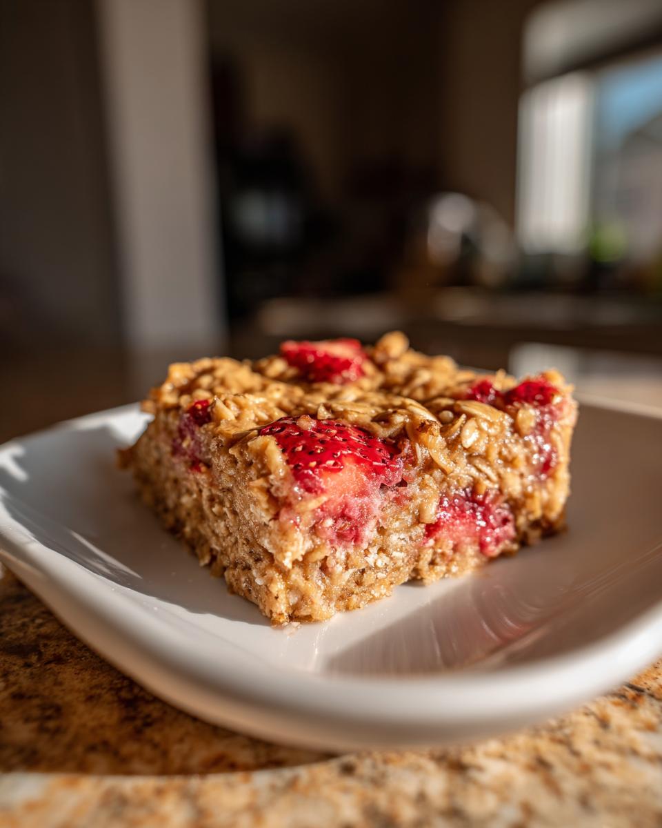 A close-up of one square Vegan Strawberry Peanut Butter Oatmeal Bars on a white plate.